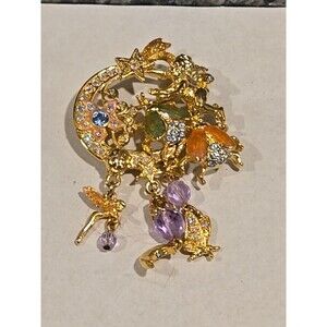Kirks Folly Fairy Fireflies Brooch Pin Dangle Stars Moon Flowers Signed Twice